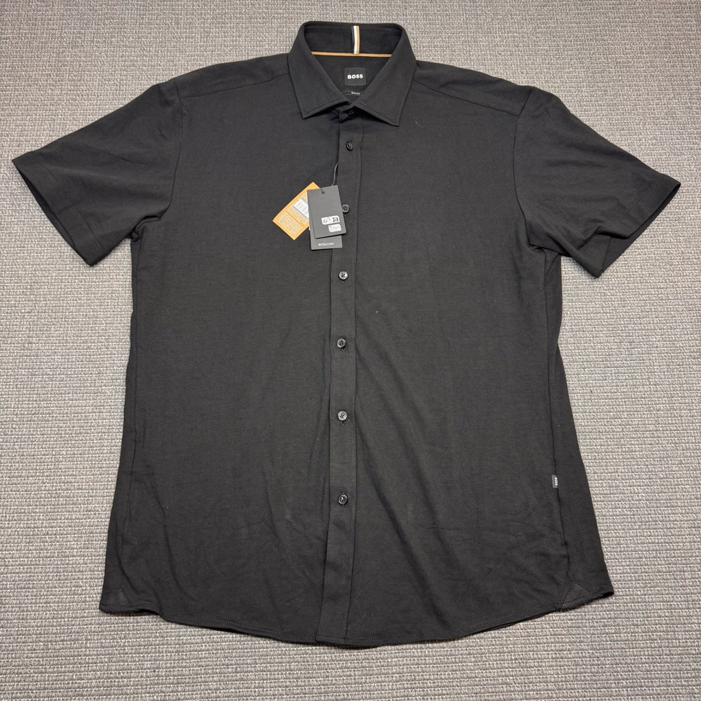 Hugo Boss Mens Slim Fit Short Sleeve Button Up Shirt Black Cotton Stretch L